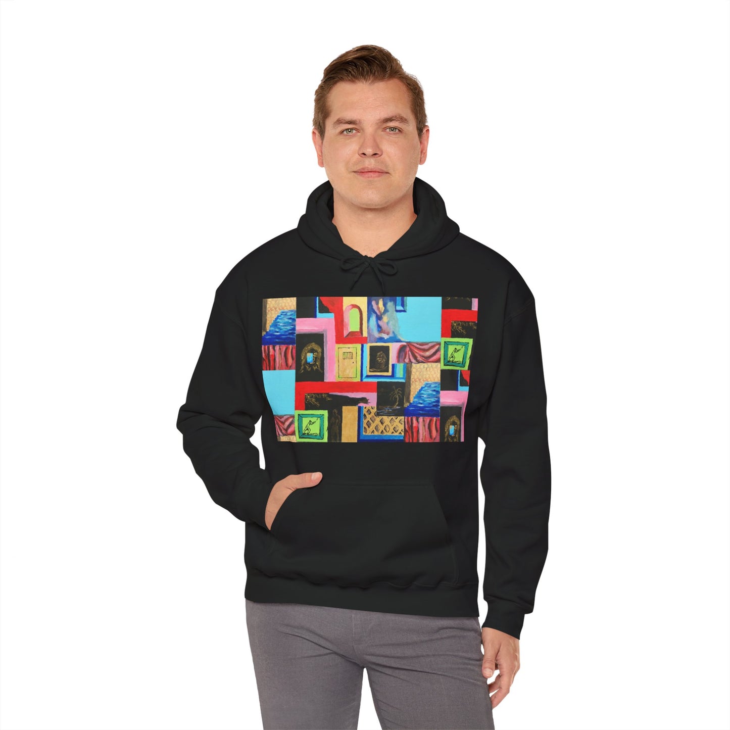 Efe Abstract Collage Hoodie — Colorful Retro Frames Art Sweatshirt