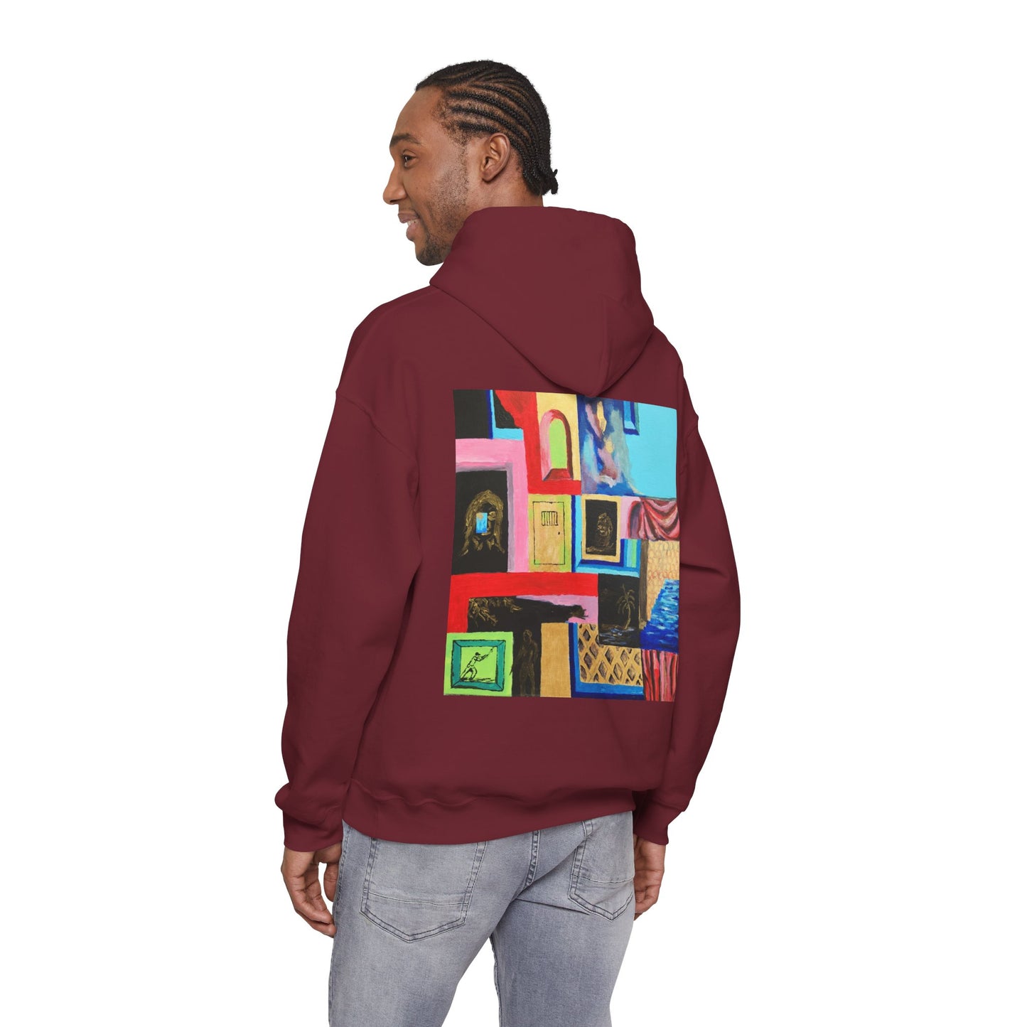 Efe Abstract Collage Hoodie — Colorful Retro Frames Art Sweatshirt