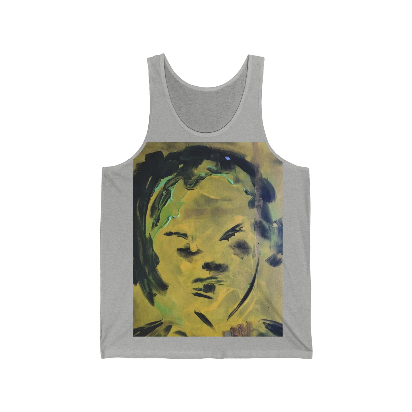 Efe Abstract Face Tank Top — Yellow Green Expressionist Portrait Graphic Tank