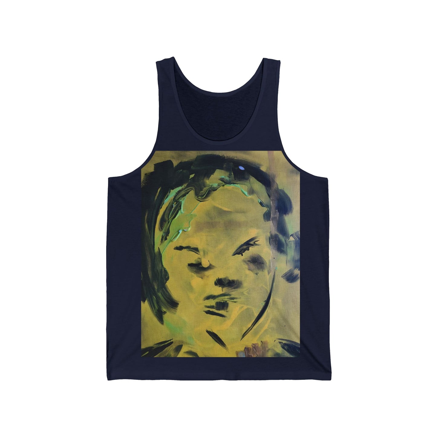 Efe Abstract Face Tank Top — Yellow Green Expressionist Portrait Graphic Tank
