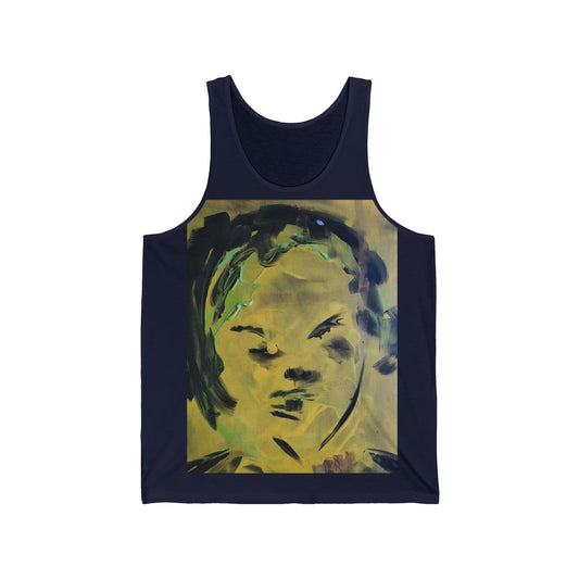Efe Abstract Face Tank Top — Yellow Green Expressionist Portrait Graphic Tank