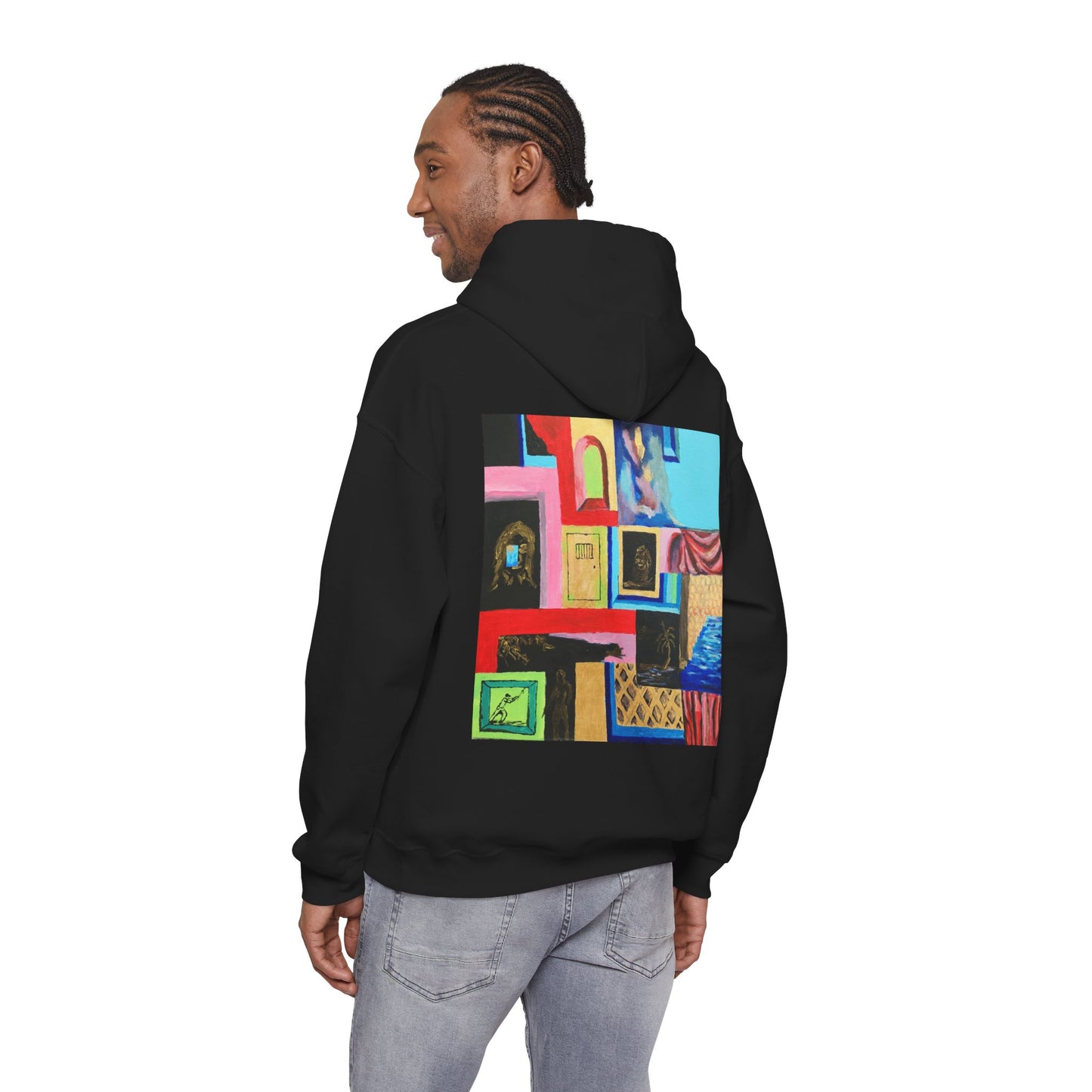 Efe Abstract Collage Hoodie — Colorful Retro Frames Art Sweatshirt