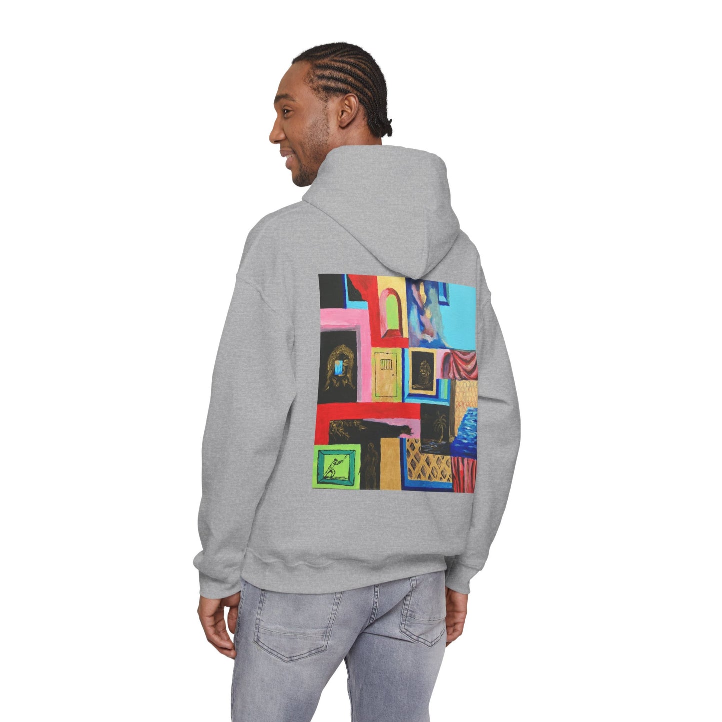 Efe Abstract Collage Hoodie — Colorful Retro Frames Art Sweatshirt