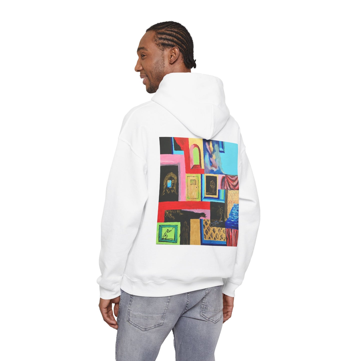 Efe Abstract Collage Hoodie — Colorful Retro Frames Art Sweatshirt