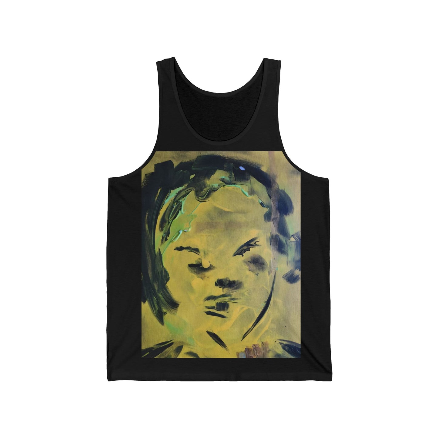 Efe Abstract Face Tank Top — Yellow Green Expressionist Portrait Graphic Tank