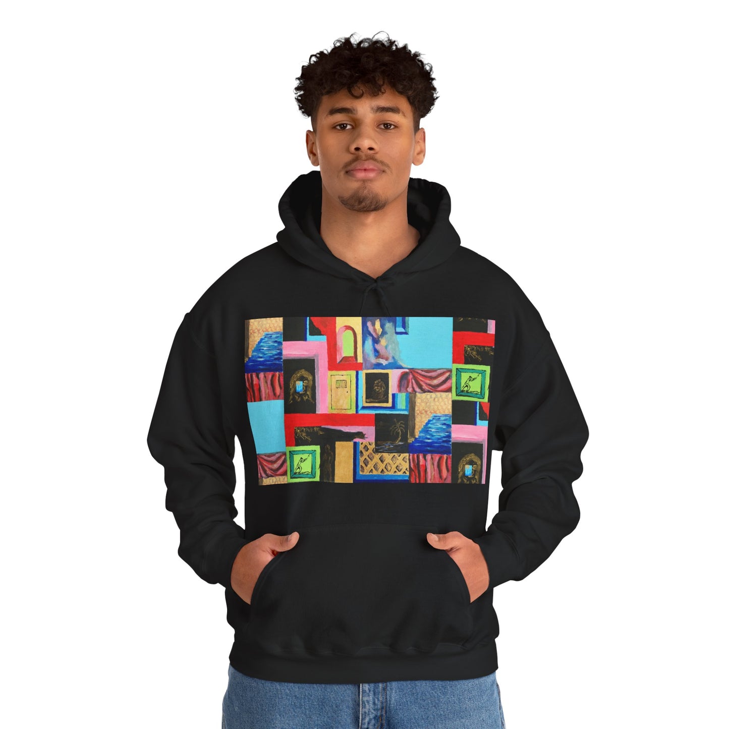 Efe Abstract Collage Hoodie — Colorful Retro Frames Art Sweatshirt