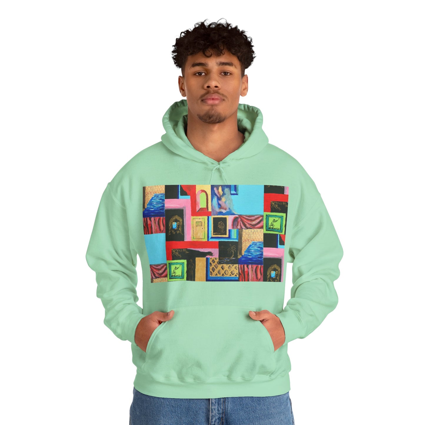 Efe Abstract Collage Hoodie — Colorful Retro Frames Art Sweatshirt
