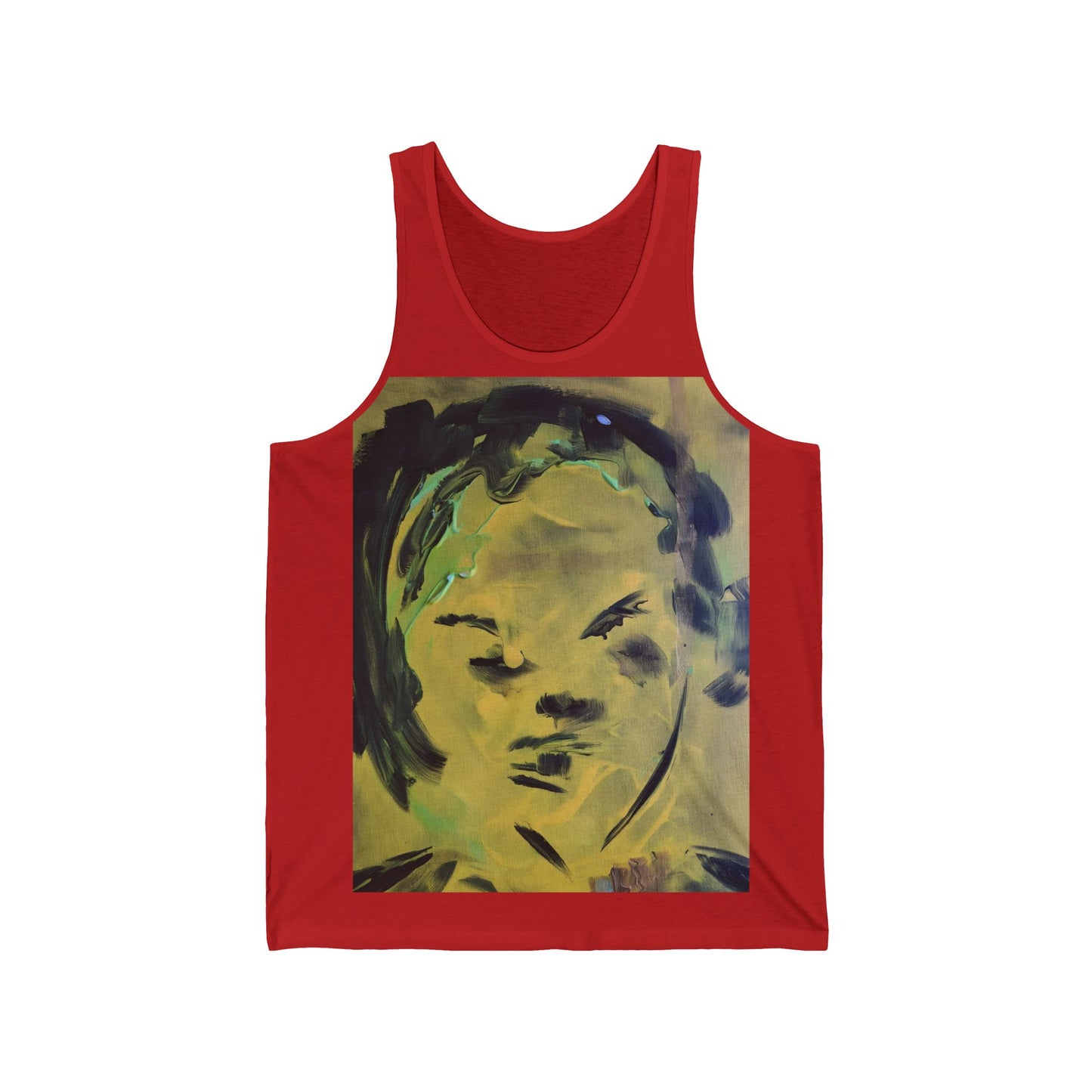 Efe Abstract Face Tank Top — Yellow Green Expressionist Portrait Graphic Tank