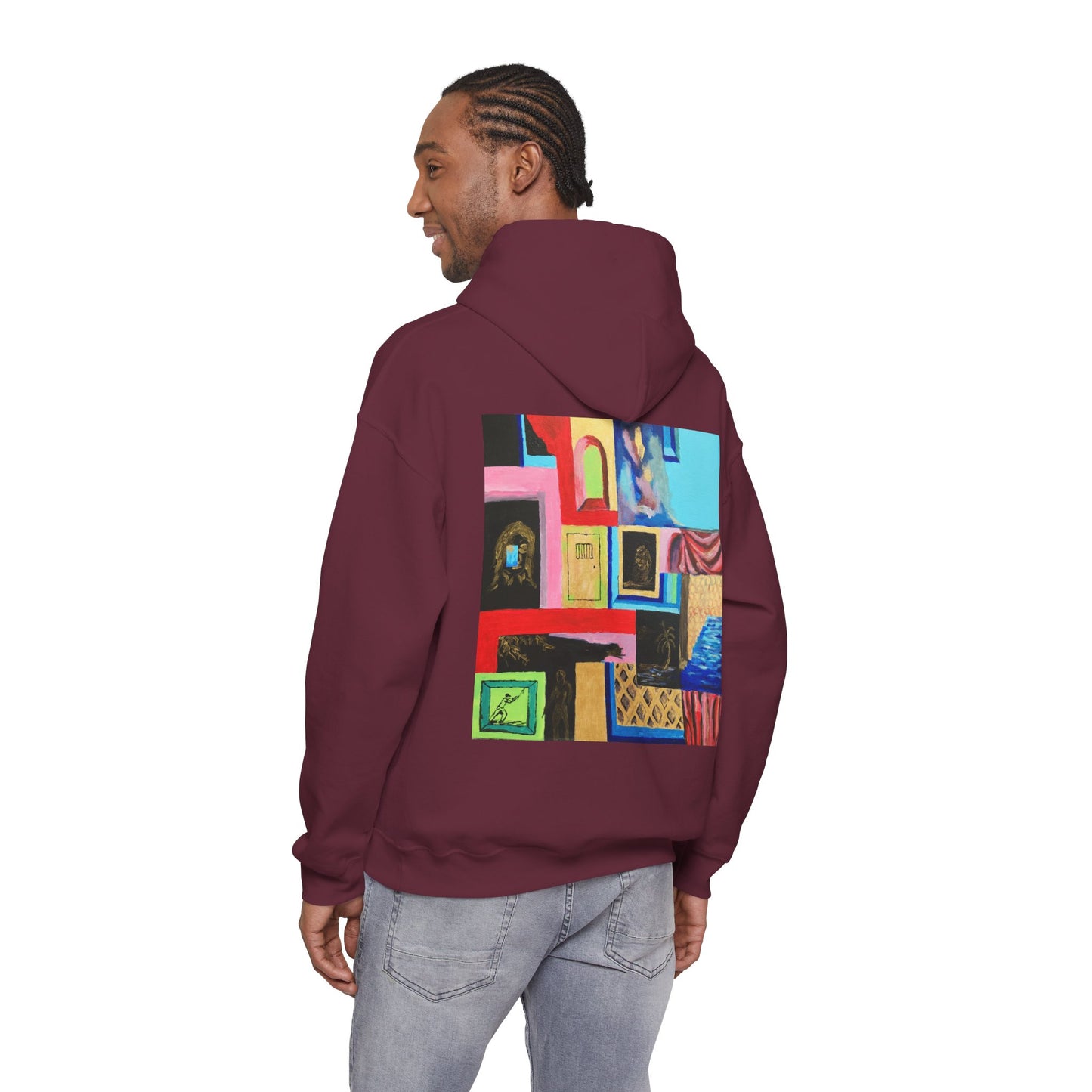 Efe Abstract Collage Hoodie — Colorful Retro Frames Art Sweatshirt