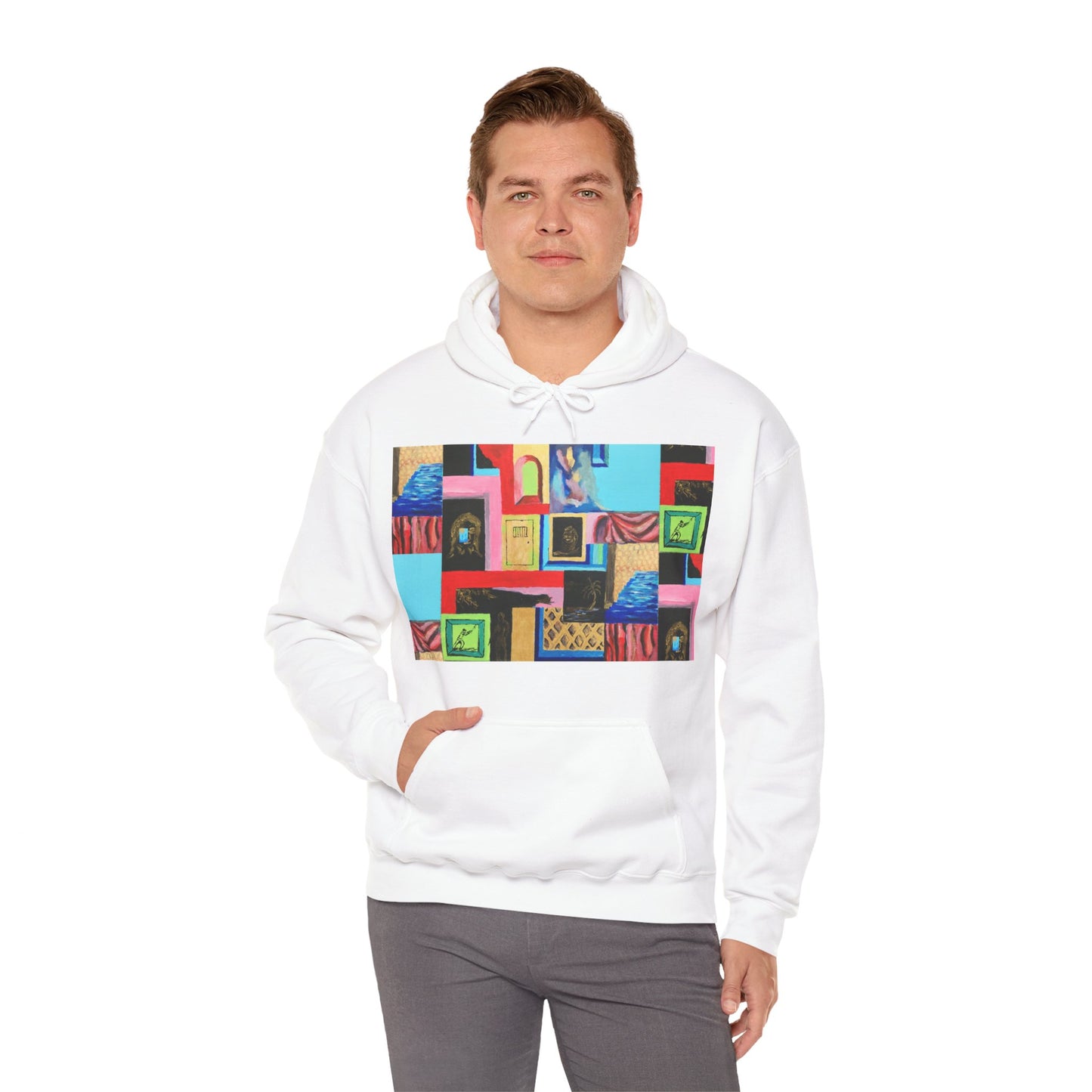 Efe Abstract Collage Hoodie — Colorful Retro Frames Art Sweatshirt
