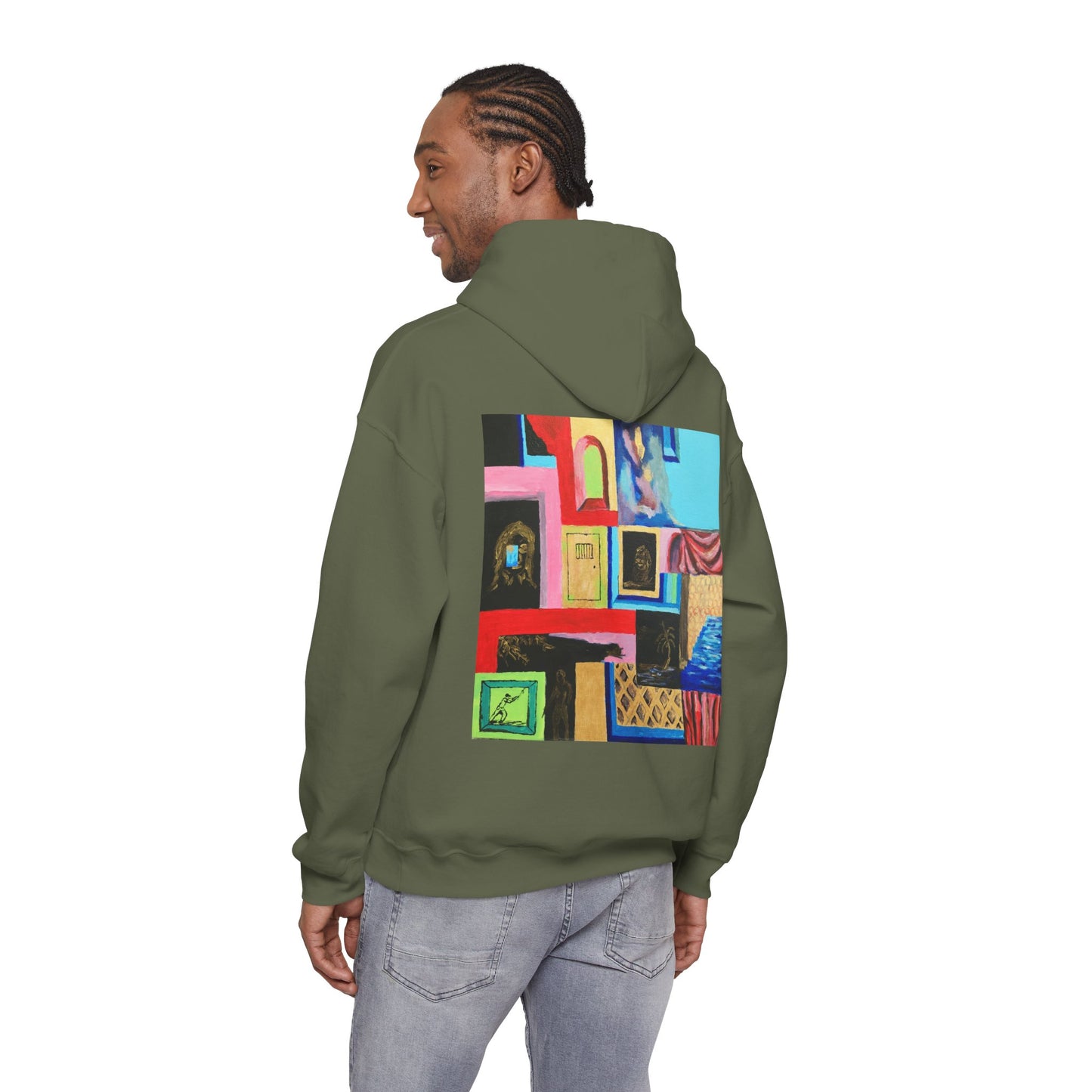 Efe Abstract Collage Hoodie — Colorful Retro Frames Art Sweatshirt