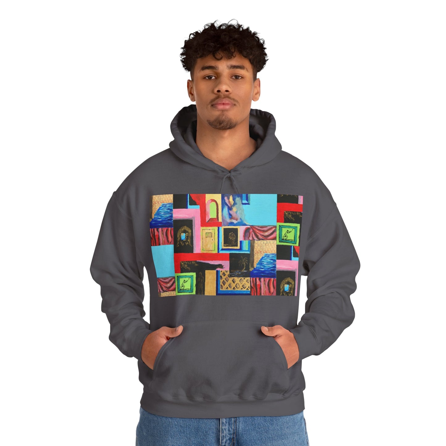 Efe Abstract Collage Hoodie — Colorful Retro Frames Art Sweatshirt