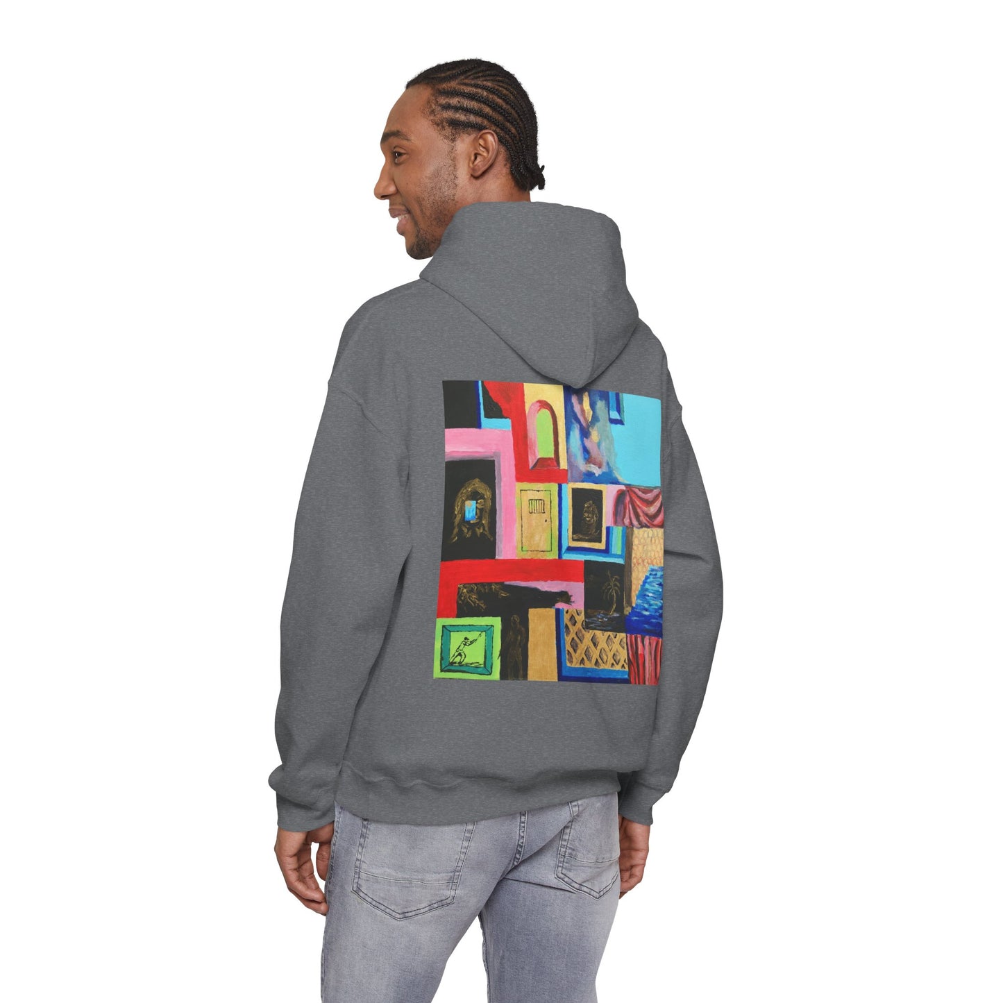 Efe Abstract Collage Hoodie — Colorful Retro Frames Art Sweatshirt