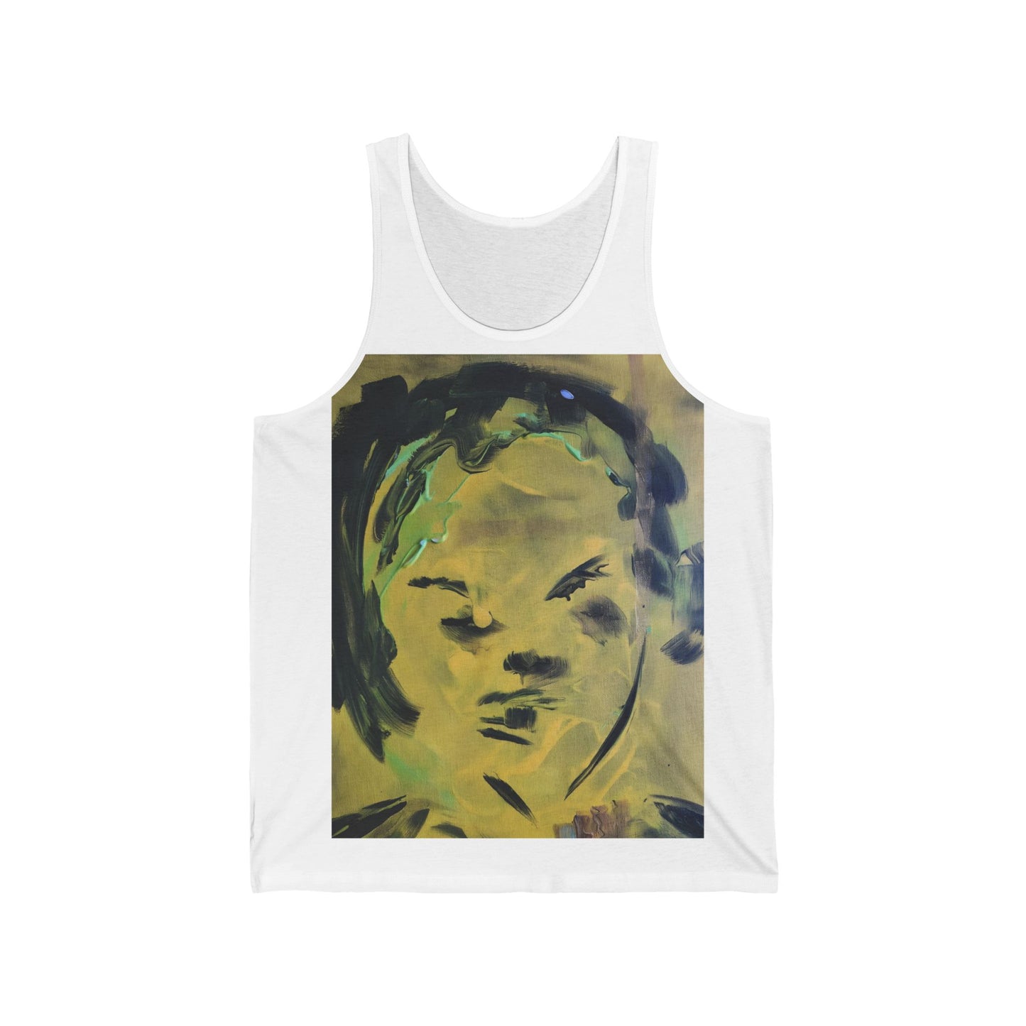 Efe Abstract Face Tank Top — Yellow Green Expressionist Portrait Graphic Tank