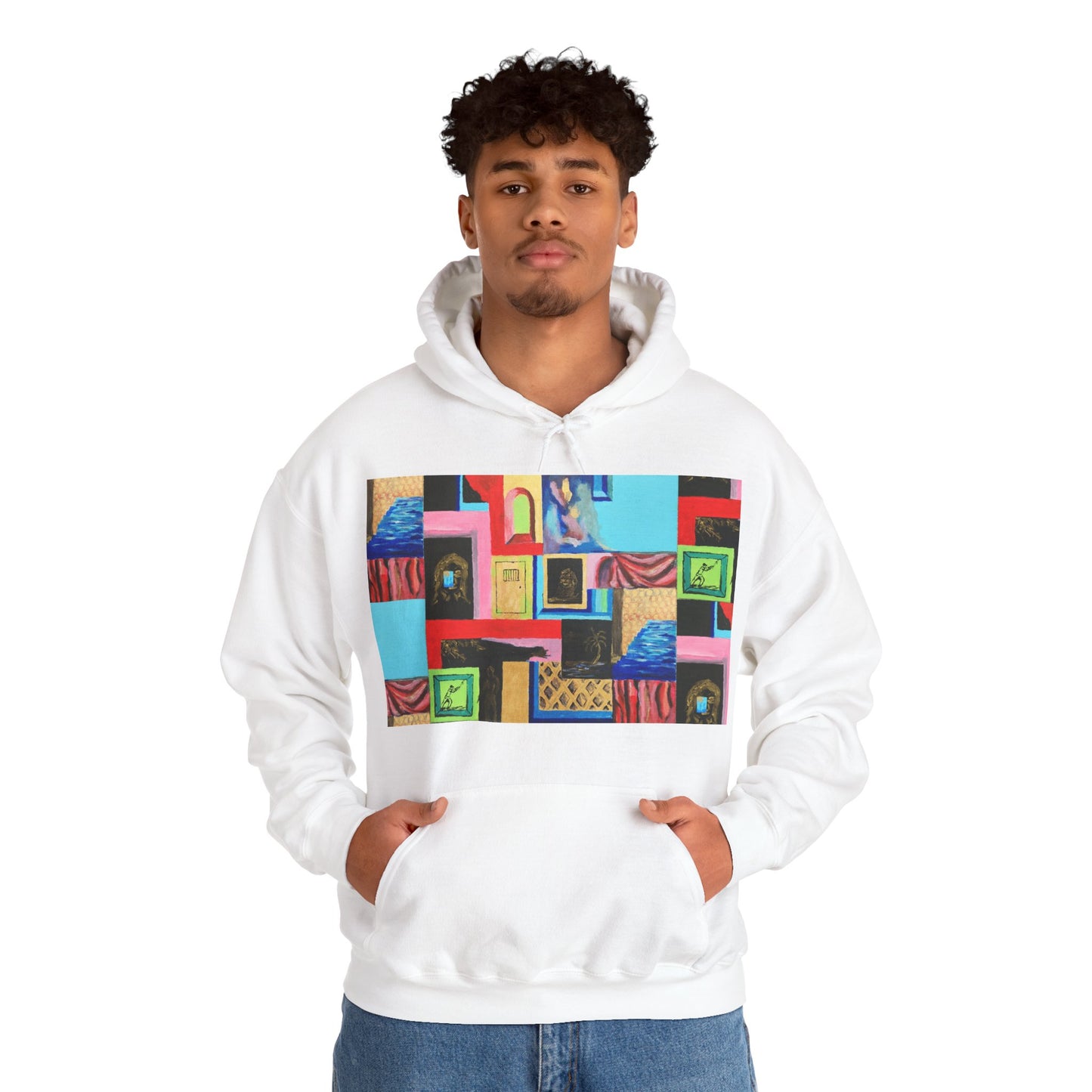 Efe Abstract Collage Hoodie — Colorful Retro Frames Art Sweatshirt