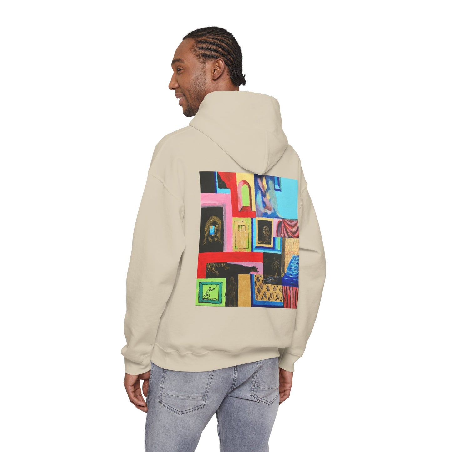 Efe Abstract Collage Hoodie — Colorful Retro Frames Art Sweatshirt