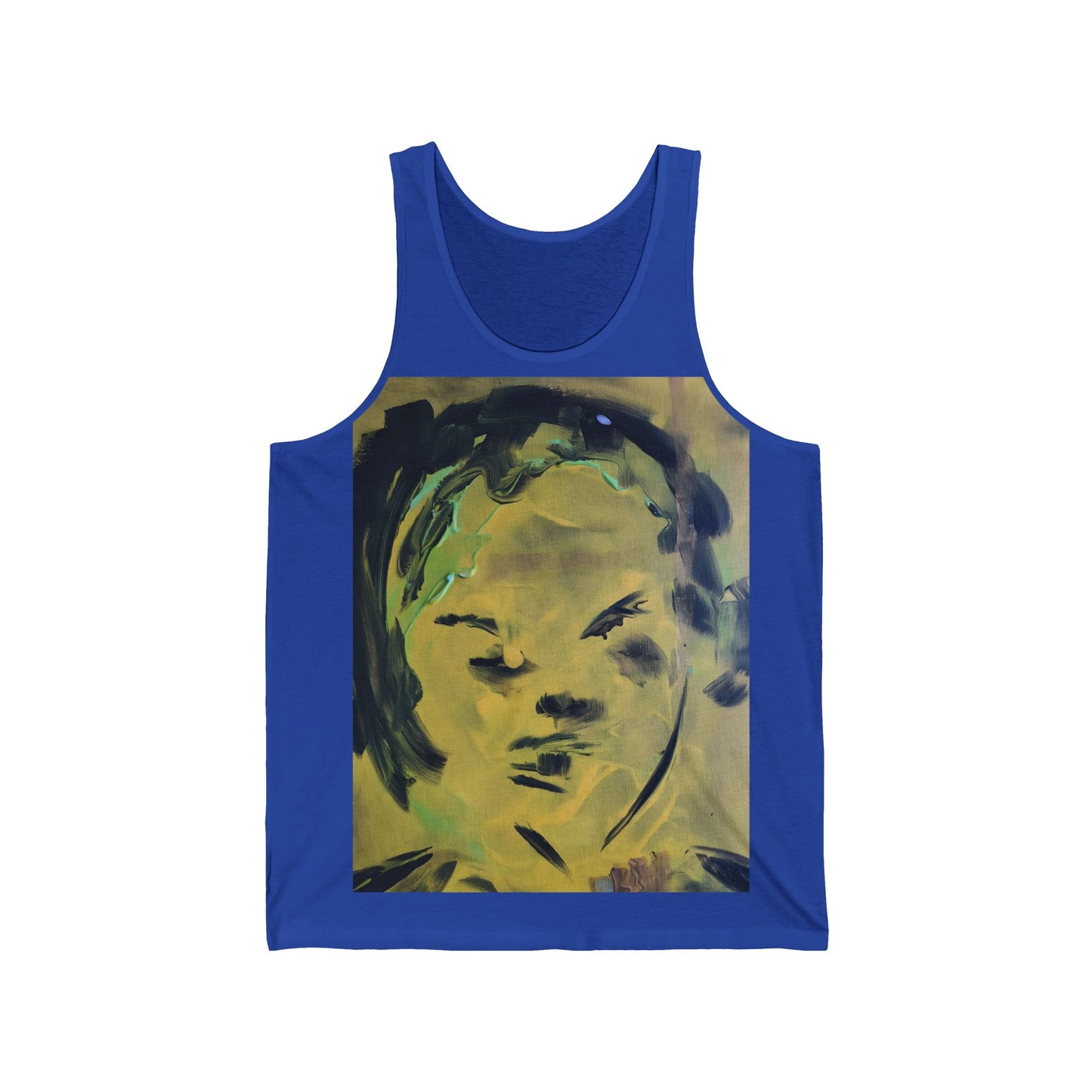 Efe Abstract Face Tank Top — Yellow Green Expressionist Portrait Graphic Tank