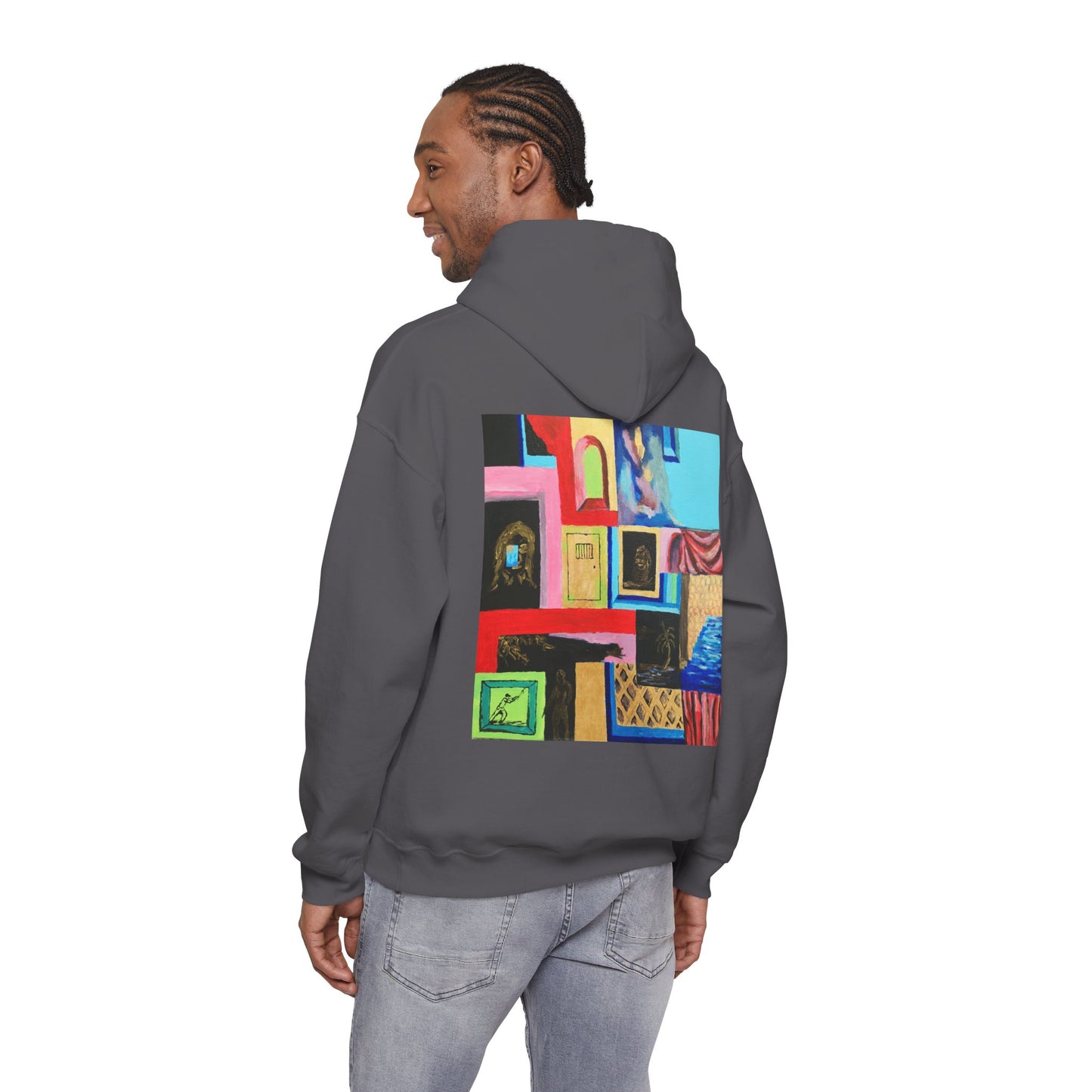 Efe Abstract Collage Hoodie — Colorful Retro Frames Art Sweatshirt