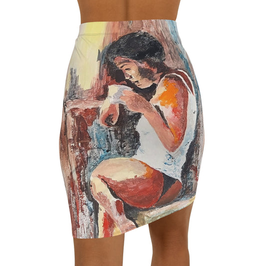 Artistic Women's Mid-Waist Pencil Skirt - Unique Painted Design for Chic Style
