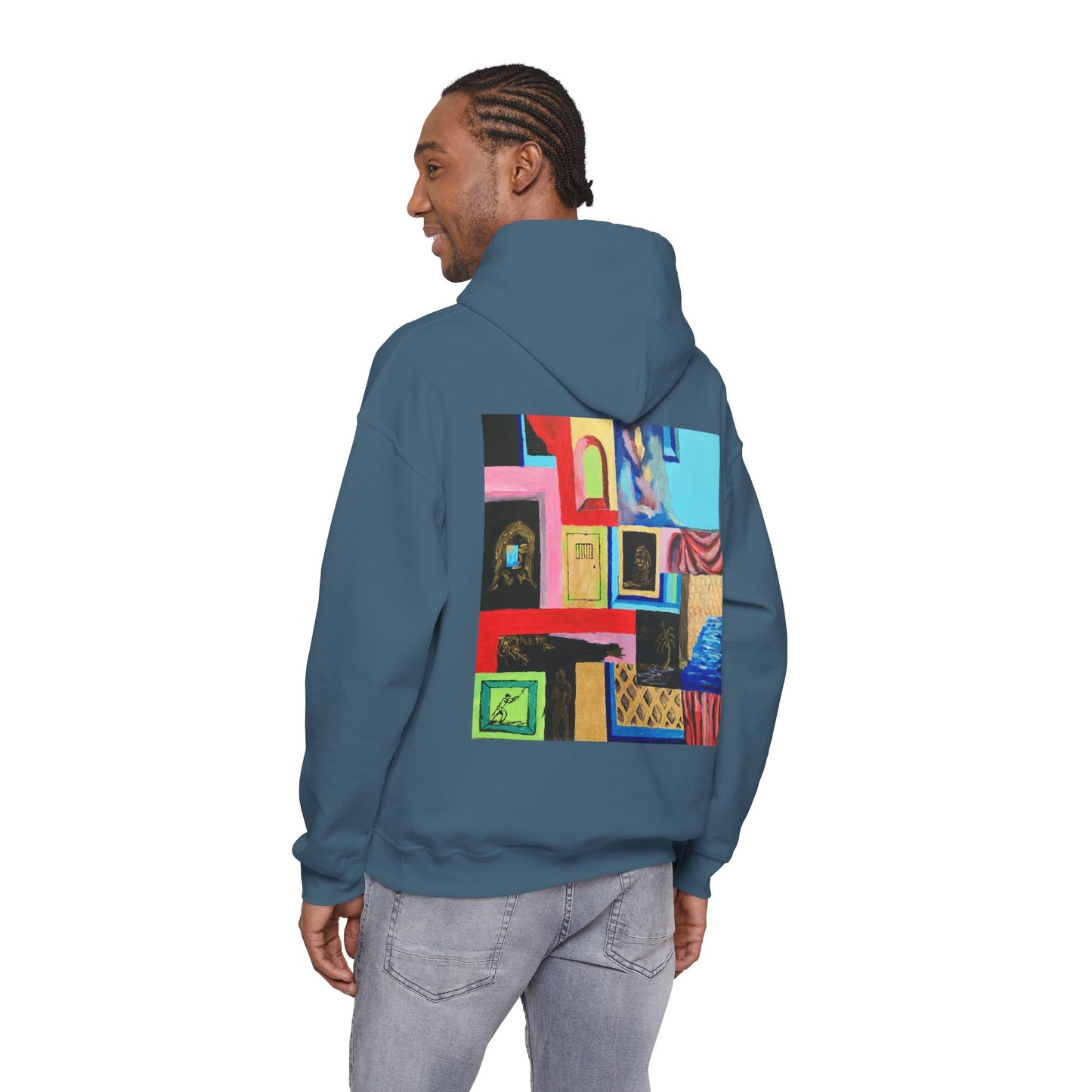 Efe Abstract Collage Hoodie — Colorful Retro Frames Art Sweatshirt