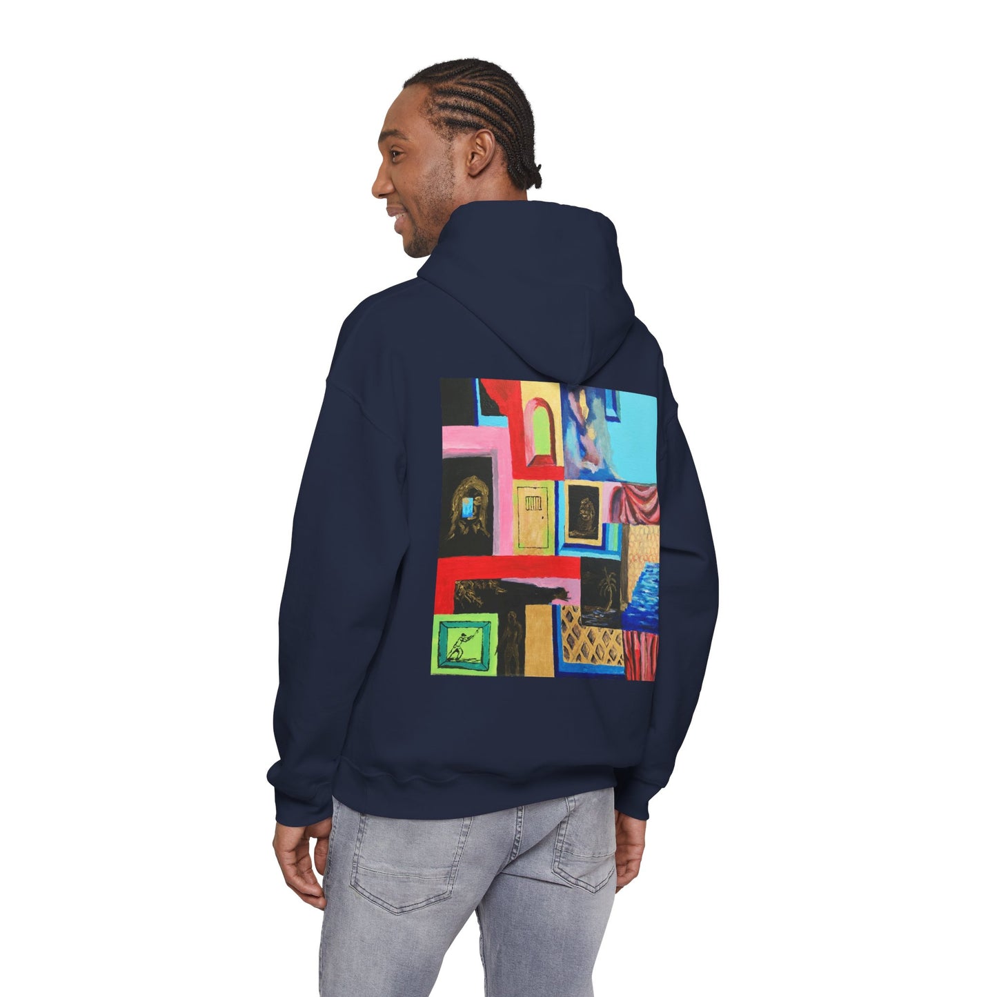 Efe Abstract Collage Hoodie — Colorful Retro Frames Art Sweatshirt